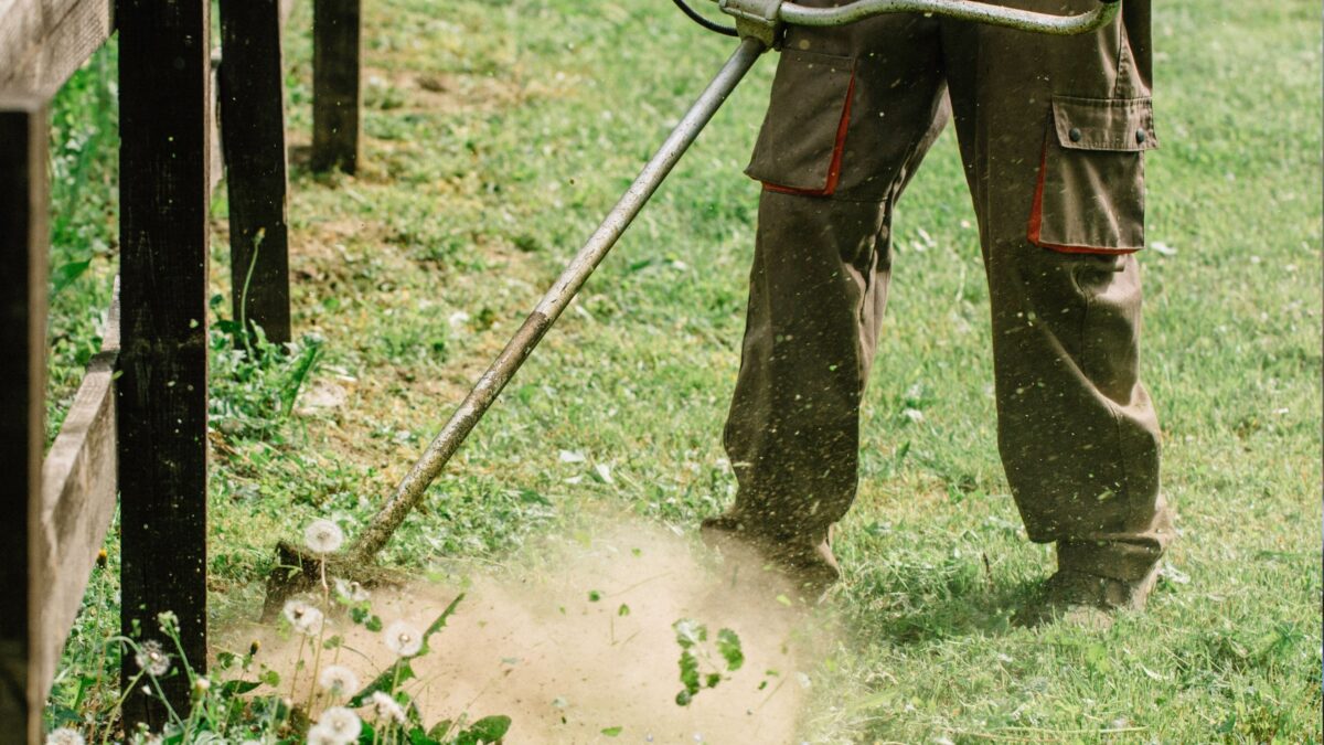 Ein Arbeiter mit Arbeiterhose und Rasentrimmer und steht auf dem Rasen und trimmt